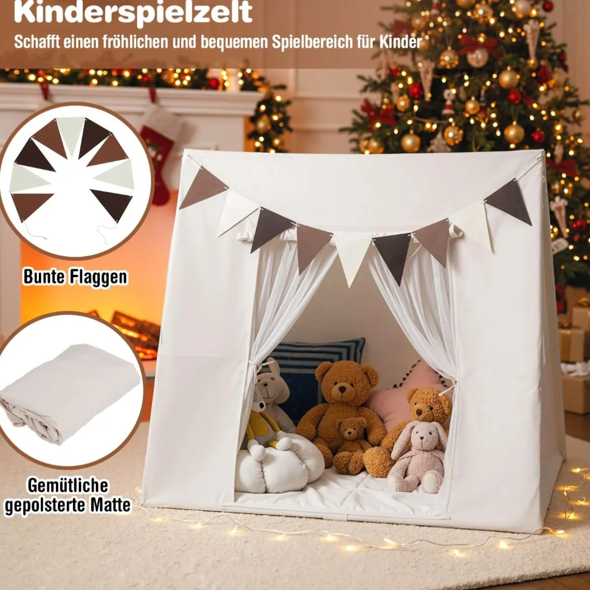 Indoor Kinder Spielzelt mit Waschbarer Gepolsterter Matte & Bunte Fahnen Schlafzelt