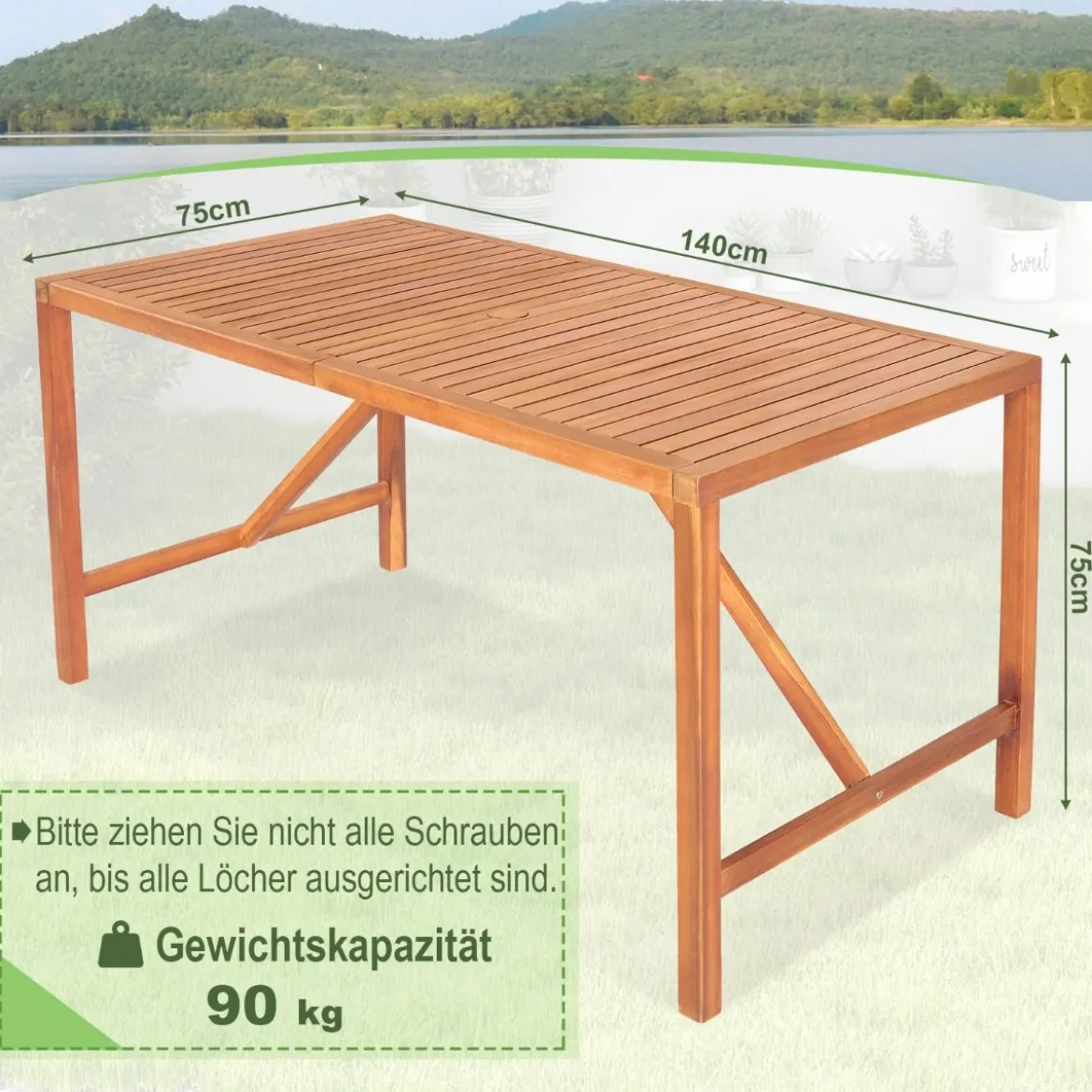 Indoor & Outdoor Esstisch aus Akazienholz für 4-6 Personen rechteckiger Gartentisch 140x75x75cm