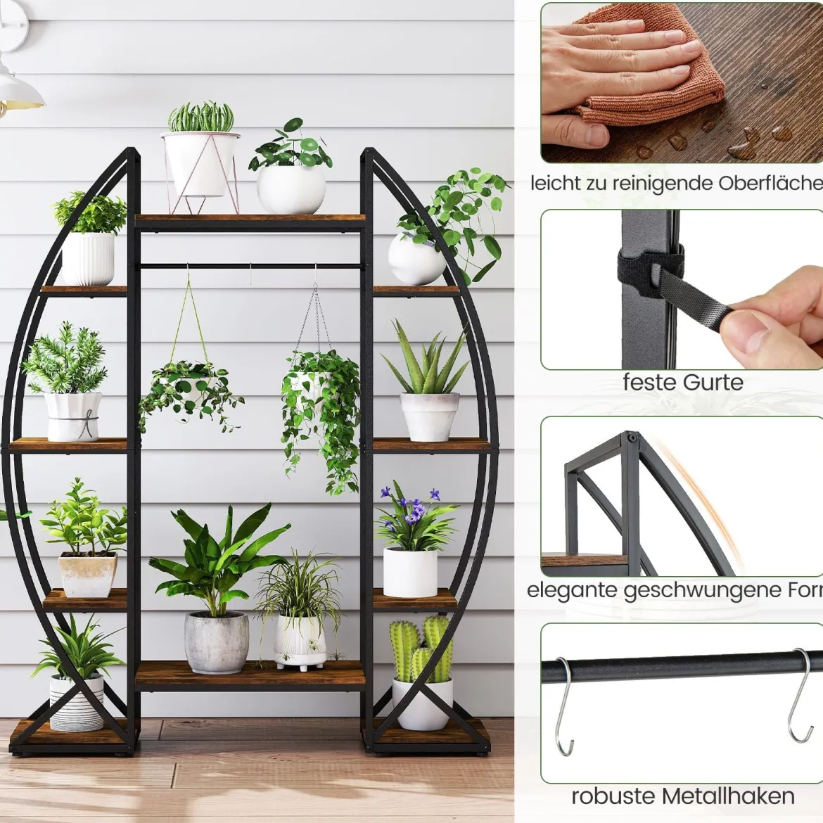 Indoor Pflanzenständer mit Wachstumslichtern 63" hoch 10-stufiges Eck-Metallpflanzenregal Braun