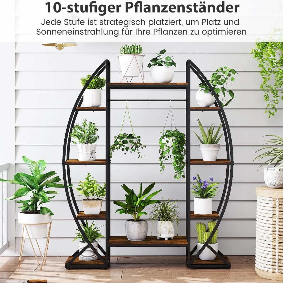Indoor Pflanzenständer mit Wachstumslichtern 63" hoch 10-stufiges Eck-Metallpflanzenregal Braun