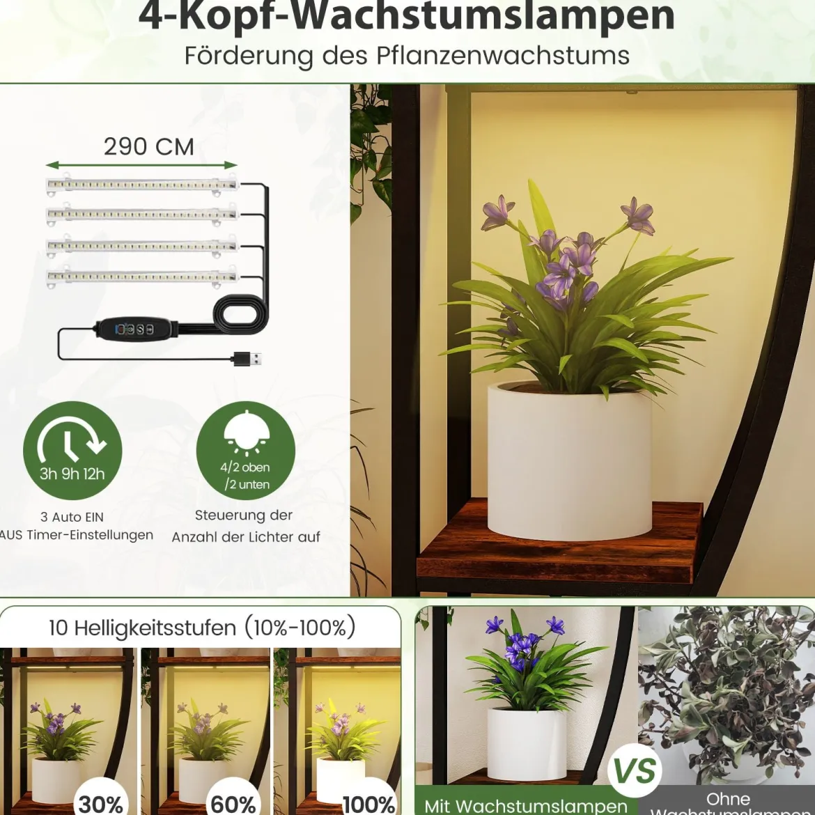 Indoor Pflanzenständer mit Wachstumslichtern 63" hoch 10-stufiges Eck-Metallpflanzenregal Braun