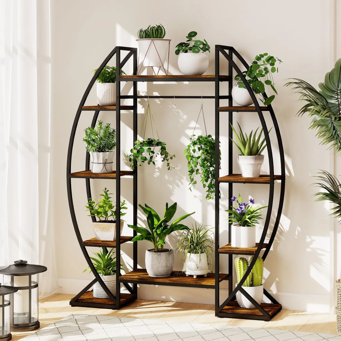 Indoor Pflanzenständer mit Wachstumslichtern 63" hoch 10-stufiges Eck-Metallpflanzenregal Braun