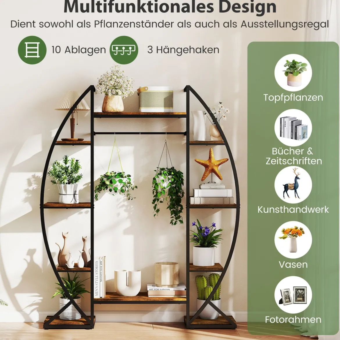 Indoor Pflanzenständer mit Wachstumslichtern 63" hoch 10-stufiges Eck-Metallpflanzenregal Braun
