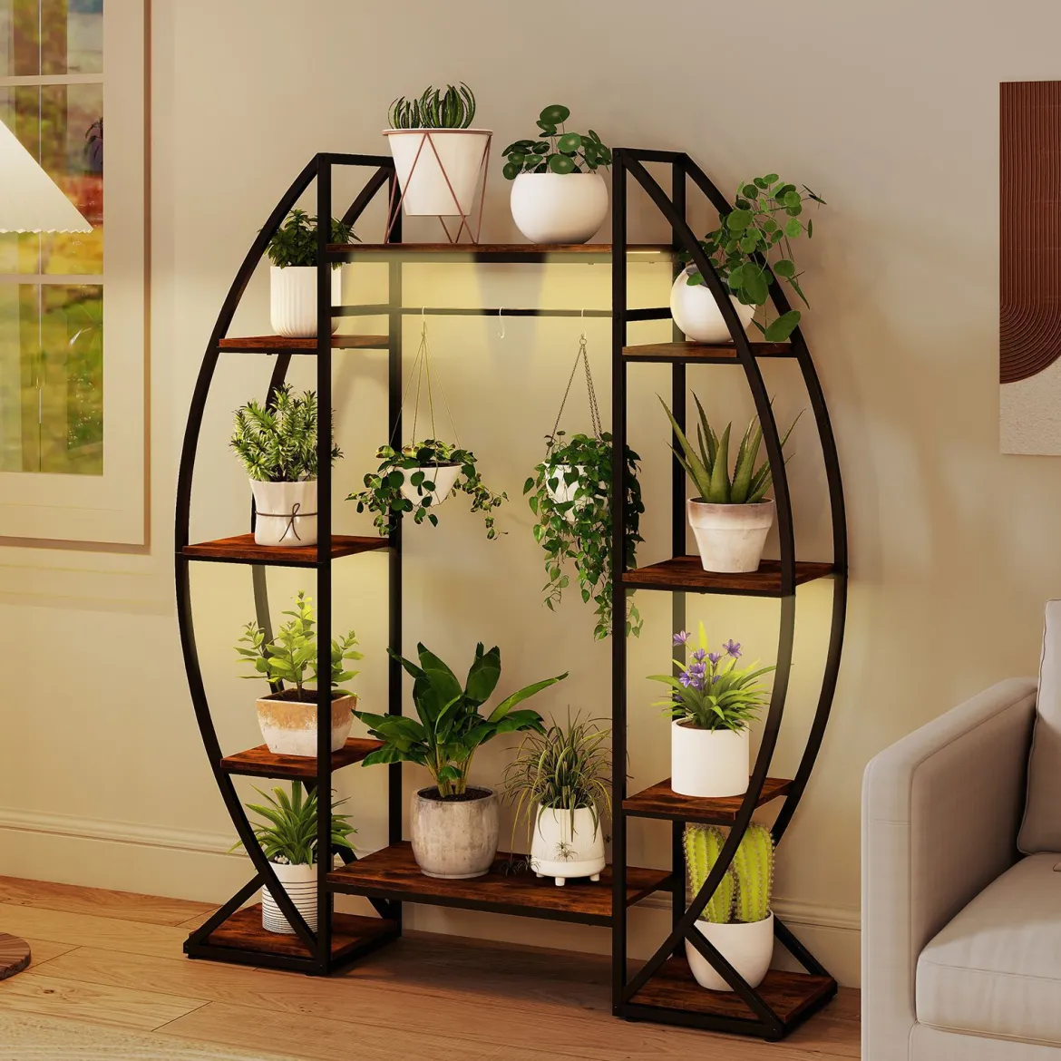Indoor Pflanzenständer mit Wachstumslichtern 63" hoch 10-stufiges Eck-Metallpflanzenregal Braun