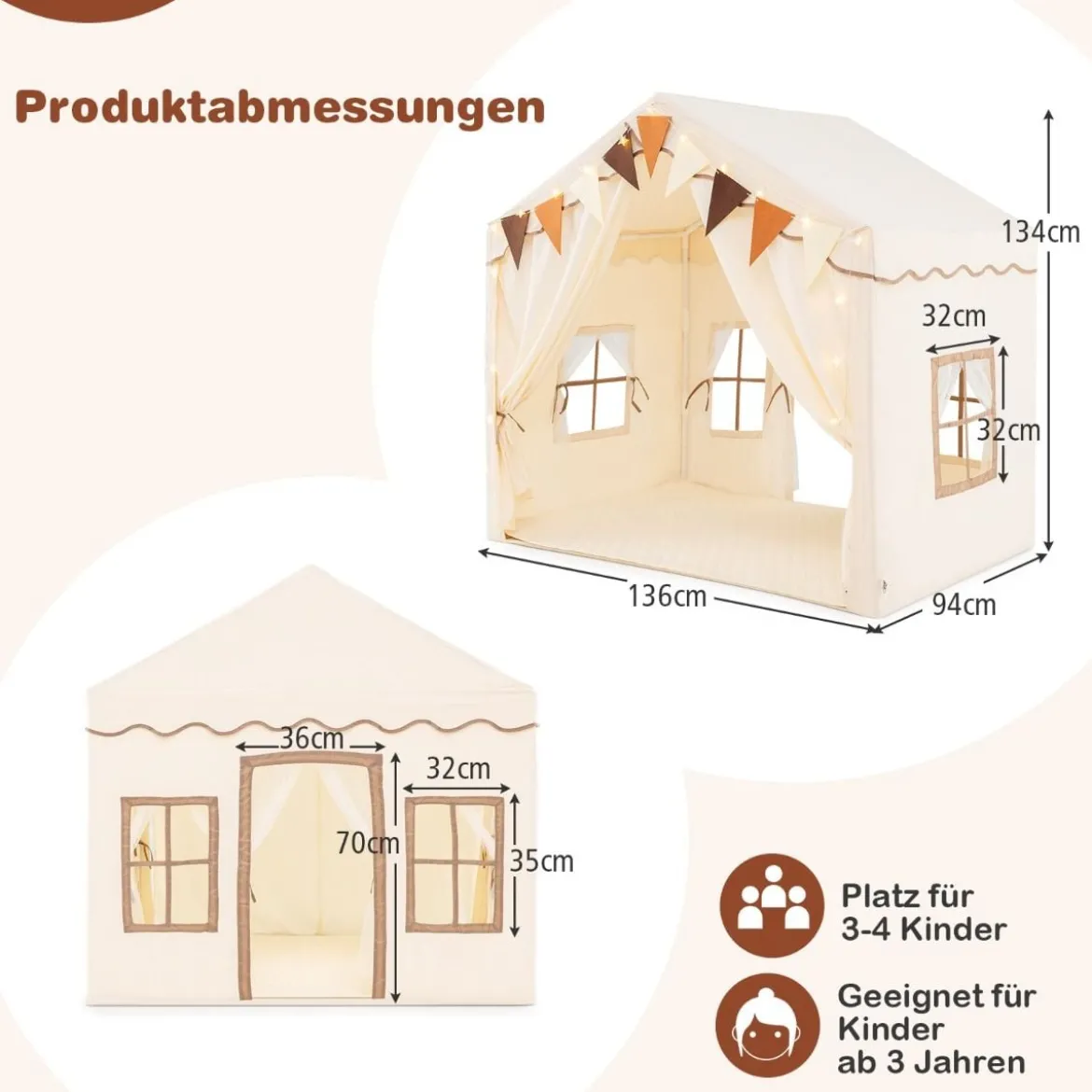 Indoor Spielzelt mit 2 Eingängen & Sternenlichtern & Maschinenwaschbarer Baumwollmatte