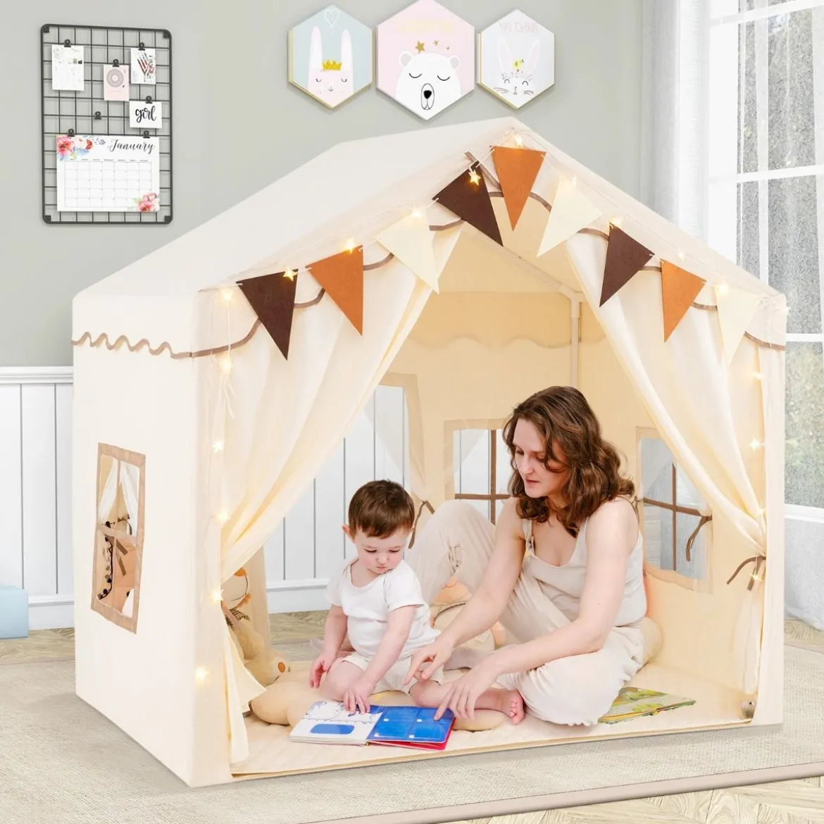 Indoor Spielzelt mit 2 Eingängen & Sternenlichtern & Maschinenwaschbarer Baumwollmatte