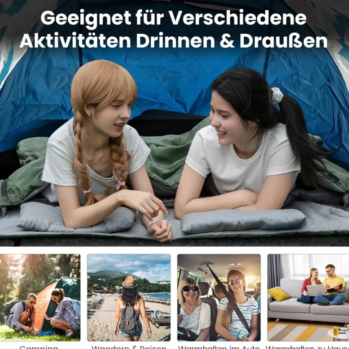 2 in 1 Doppelschlafsack Einzelschlafsack XL Deckenschlafsack mit 2 Kissen 220 x 150 cm