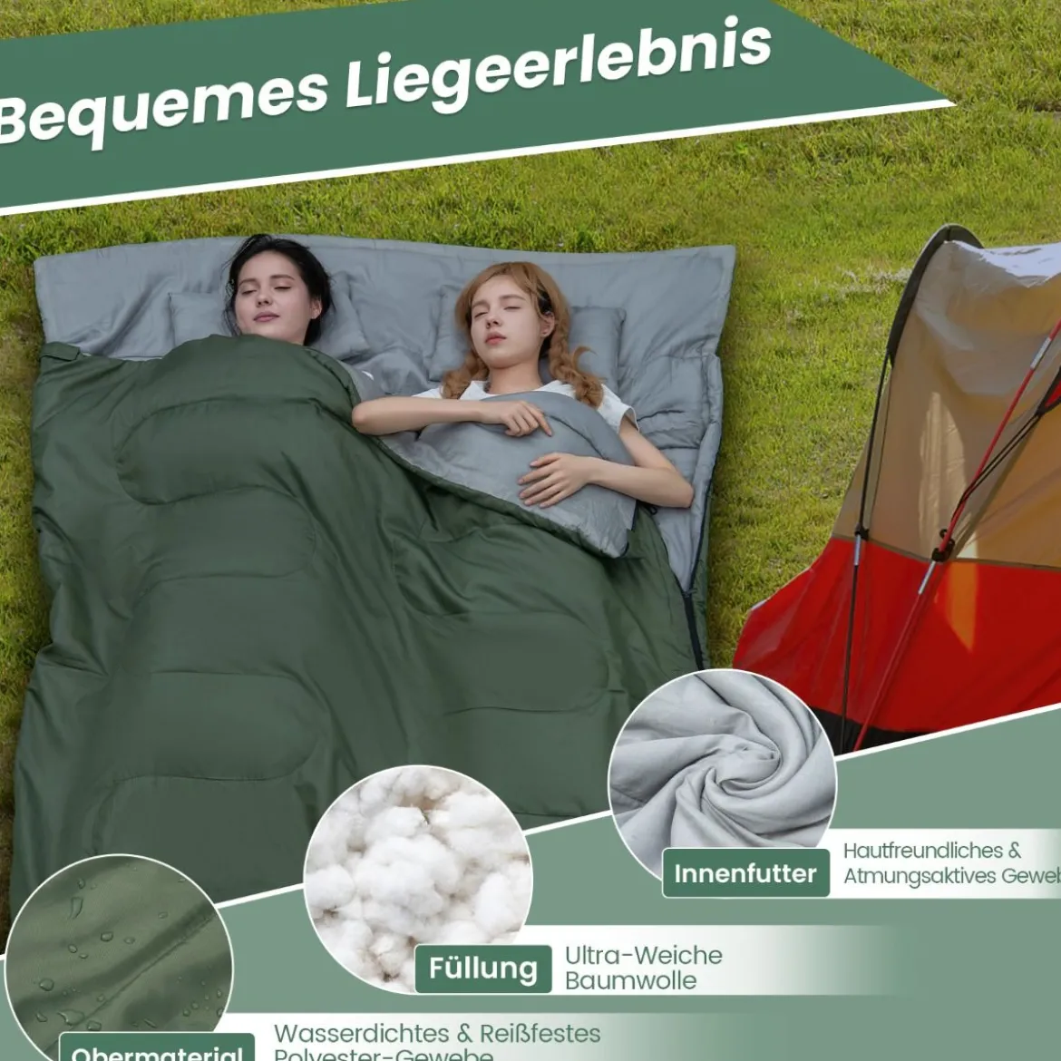 2 in 1 Doppelschlafsack Einzelschlafsack XL Deckenschlafsack mit 2 Kissen 220 x 150 cm