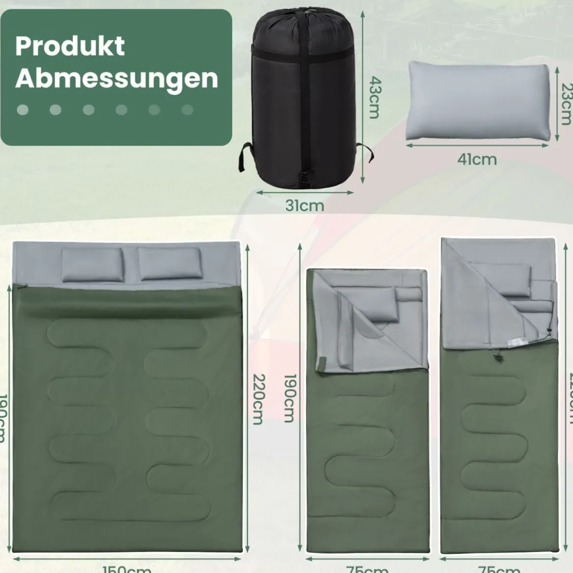 2 in 1 Doppelschlafsack Einzelschlafsack XL Deckenschlafsack mit 2 Kissen 220 x 150 cm