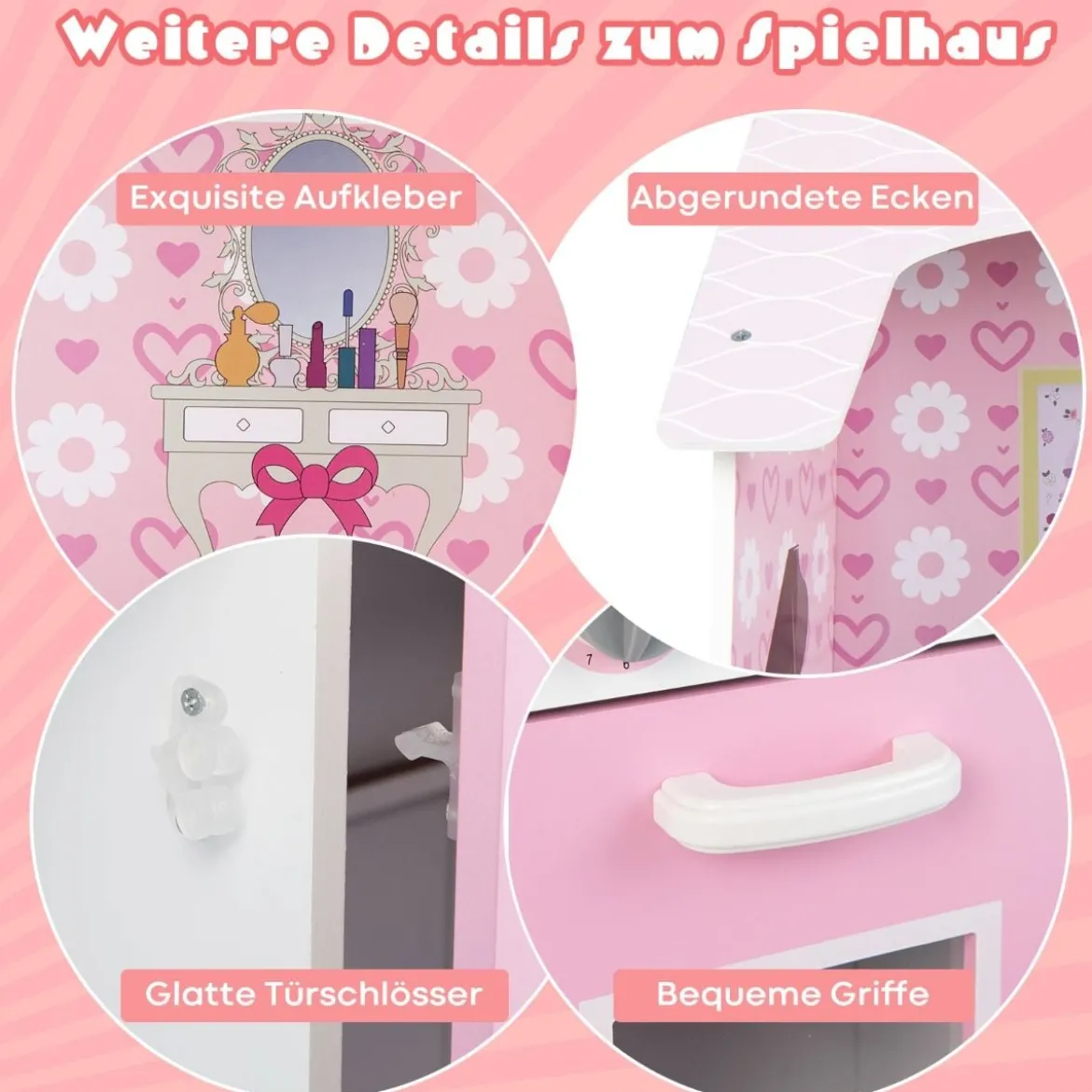 2 in 1 Doppelseitiges Puppenhaus und Kinderküche aus Holz 55 x 42, 5 x 91 cm Rosa