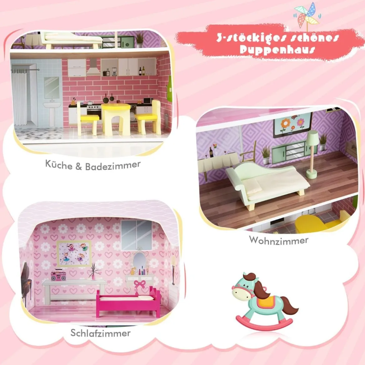 2 in 1 Doppelseitiges Puppenhaus und Kinderküche aus Holz 55 x 42, 5 x 91 cm Rosa