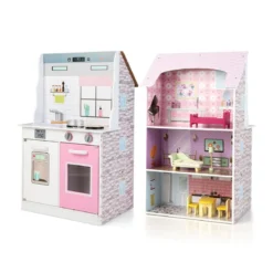 2 in 1 Doppelseitiges Puppenhaus und Kinderküche aus Holz 55 x 42, 5 x 91 cm Rosa