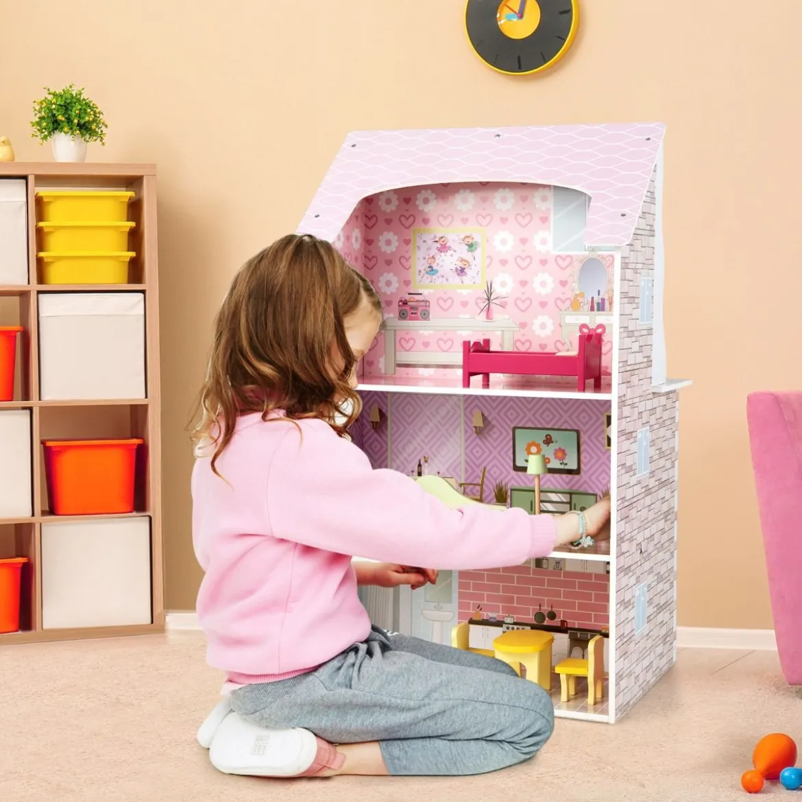2 in 1 Doppelseitiges Puppenhaus und Kinderküche aus Holz 55 x 42, 5 x 91 cm Rosa