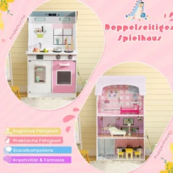 2 in 1 Doppelseitiges Puppenhaus und Kinderküche aus Holz 55 x 42, 5 x 91 cm Rosa