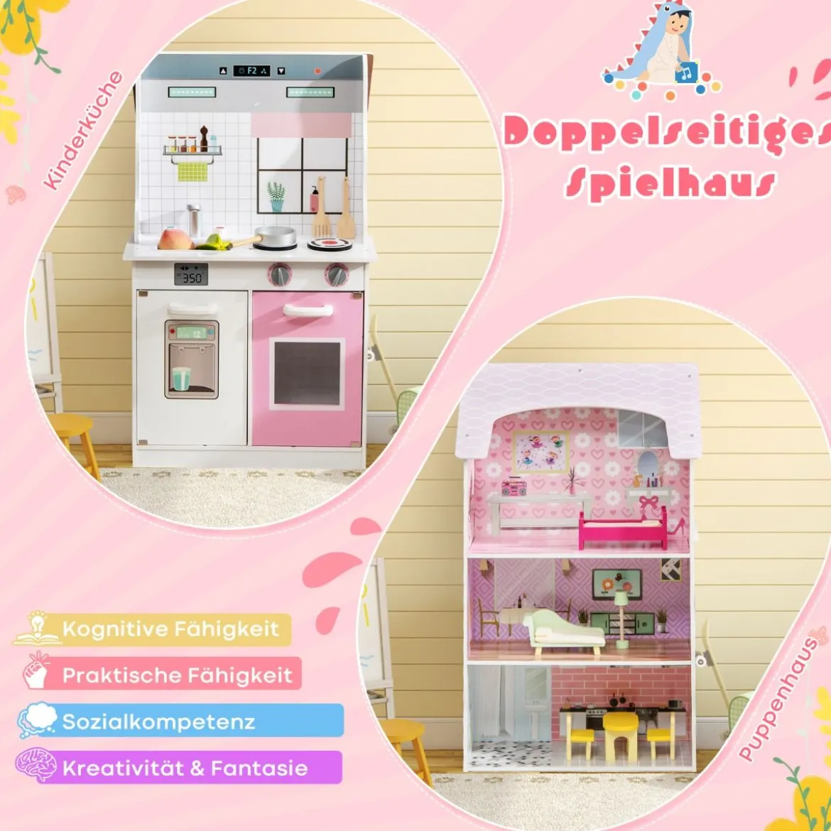 2 in 1 Doppelseitiges Puppenhaus und Kinderküche aus Holz 55 x 42, 5 x 91 cm Rosa
