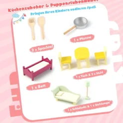 2 in 1 Doppelseitiges Puppenhaus und Kinderküche aus Holz 55 x 42, 5 x 91 cm Rosa