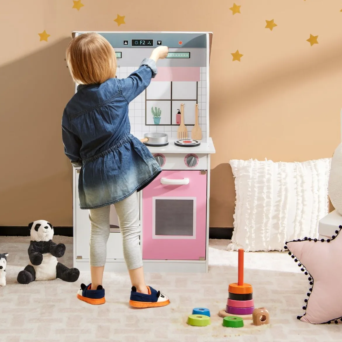 2 in 1 Doppelseitiges Puppenhaus und Kinderküche aus Holz 55 x 42, 5 x 91 cm Rosa