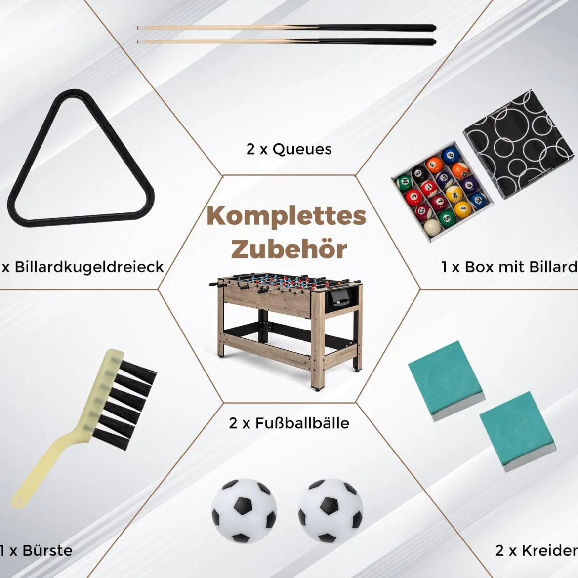 2 in 1 Drehbarer Spieltisch 124 cm Kickertisch & Billard Kombination Spieltisch-Set für Jugendliche Braun