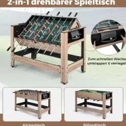 2 in 1 Drehbarer Spieltisch 124 cm Kickertisch & Billard Kombination Spieltisch-Set für Jugendliche Braun