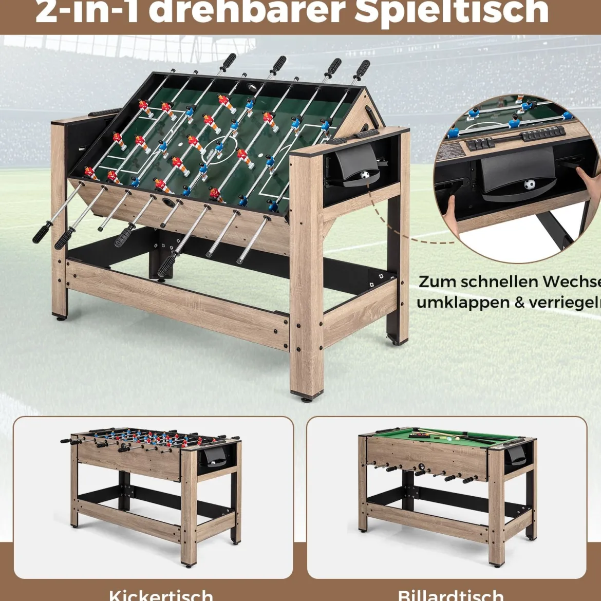 2 in 1 Drehbarer Spieltisch 124 cm Kickertisch & Billard Kombination Spieltisch-Set für Jugendliche Braun