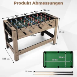2 in 1 Drehbarer Spieltisch 124 cm Kickertisch & Billard Kombination Spieltisch-Set für Jugendliche Braun