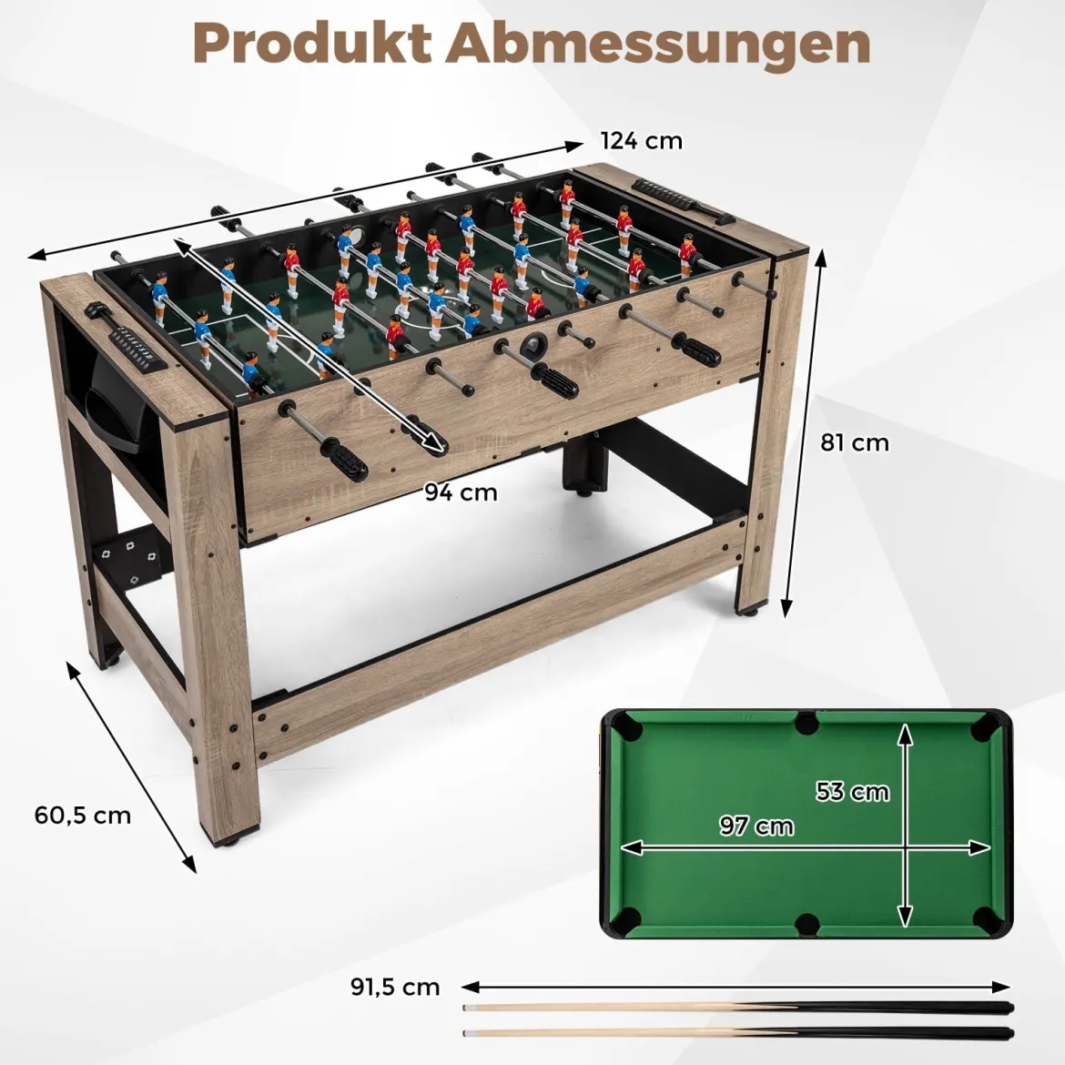 2 in 1 Drehbarer Spieltisch 124 cm Kickertisch & Billard Kombination Spieltisch-Set für Jugendliche Braun
