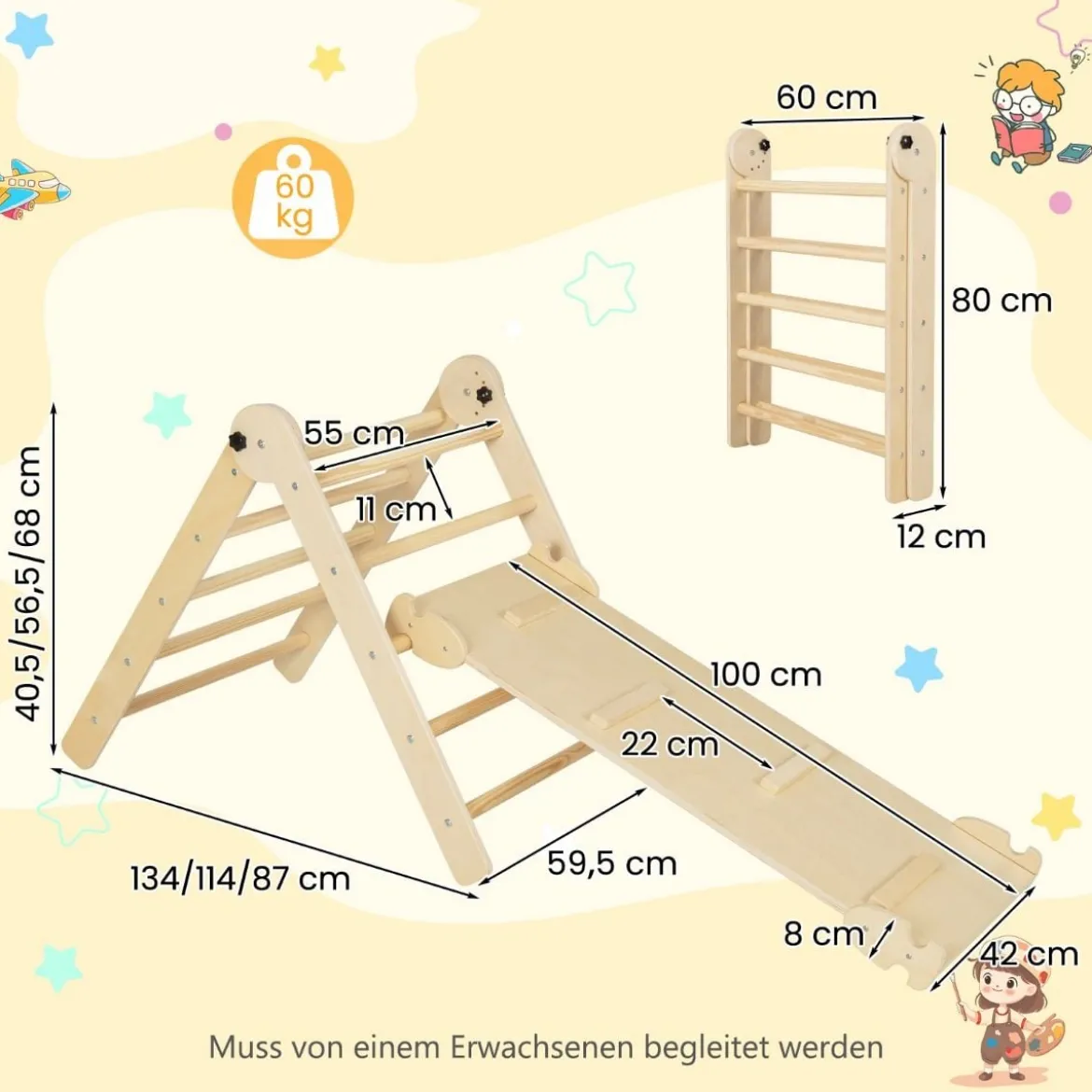 3 in 1 dreieckiges Kletterspielzeug faltbares & höhenverstellbares Dreiecksset für Kleinkinder Natur