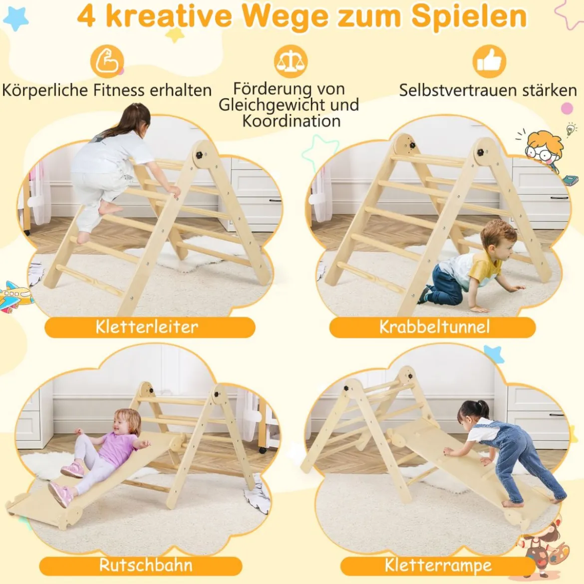 3 in 1 dreieckiges Kletterspielzeug faltbares & höhenverstellbares Dreiecksset für Kleinkinder Natur