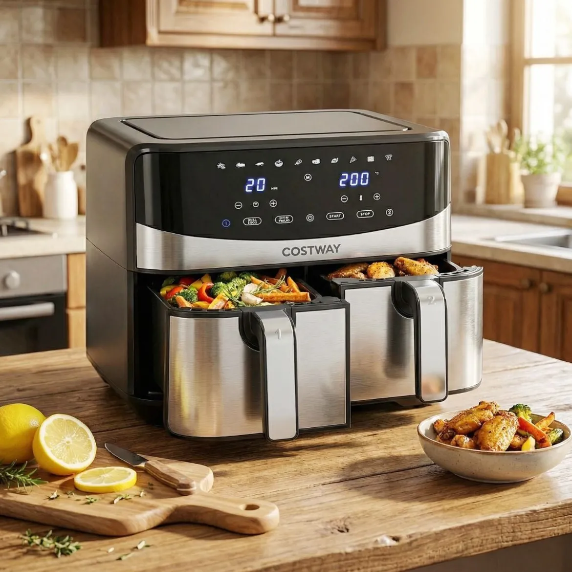 10 in 1 Dual Zone Air Fryer 85 L Heißluftfritteuse mit Sichtfenster & Touchscreen Spülmaschinenfest