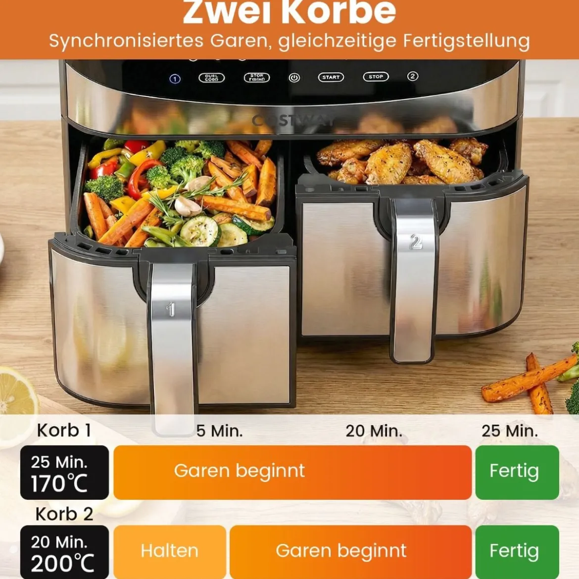 10 in 1 Dual Zone Air Fryer 85 L Heißluftfritteuse mit Sichtfenster & Touchscreen Spülmaschinenfest