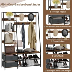 Industrielle Garderobe mit Schuhbank für den Eingangsbereich 122x40x180 cm Rustikales Braun