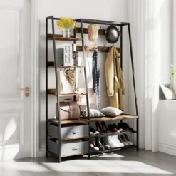 Industrielle Garderobe mit Schuhbank für den Eingangsbereich 122x40x180 cm Rustikales Braun