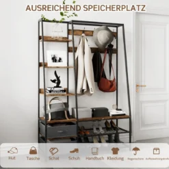Industrielle Garderobe mit Schuhbank für den Eingangsbereich 122x40x180 cm Rustikales Braun
