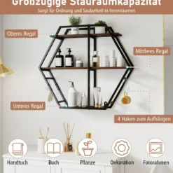 Industrielle Hexagon Wandregal 3-stufiges dekorative schwebende Regal mit Haken Rustikal