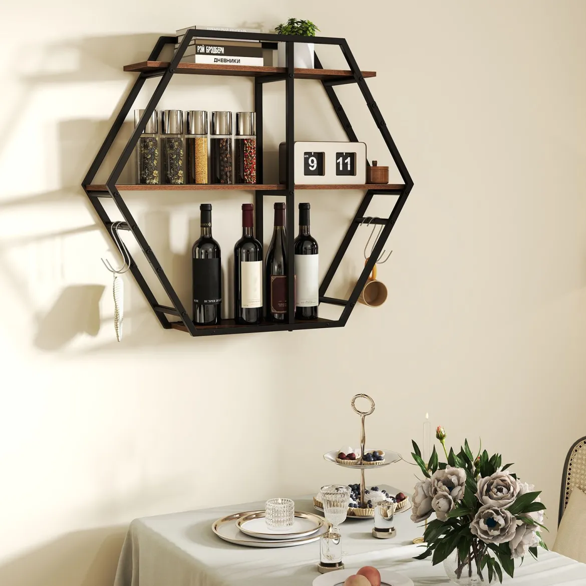 Industrielle Hexagon Wandregal 3-stufiges dekorative schwebende Regal mit Haken Rustikal