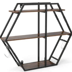 Industrielle Hexagon Wandregal 3-stufiges dekorative schwebende Regal mit Haken Rustikal