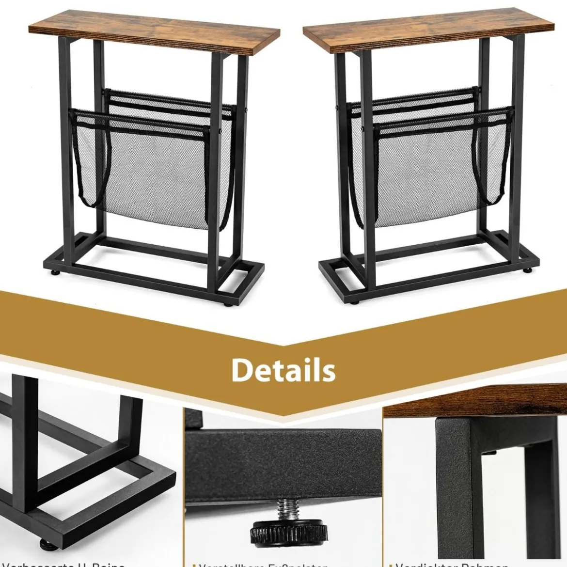 Industrieller Beistelltisch 2-stufiger schmaler Sofatisch 48 x 18 x 54,5 cm Braun + Schwarz