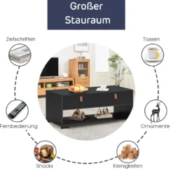 Industrieller Couchtisch rechteckiger Medienkonsolentisch mit 2 Schubladen und offenem Ablagefach Schwarz