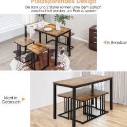 Industrieller Küchentisch mit Bank & 2 Hockern für 4 Personen platzsparende Essecke für Küche