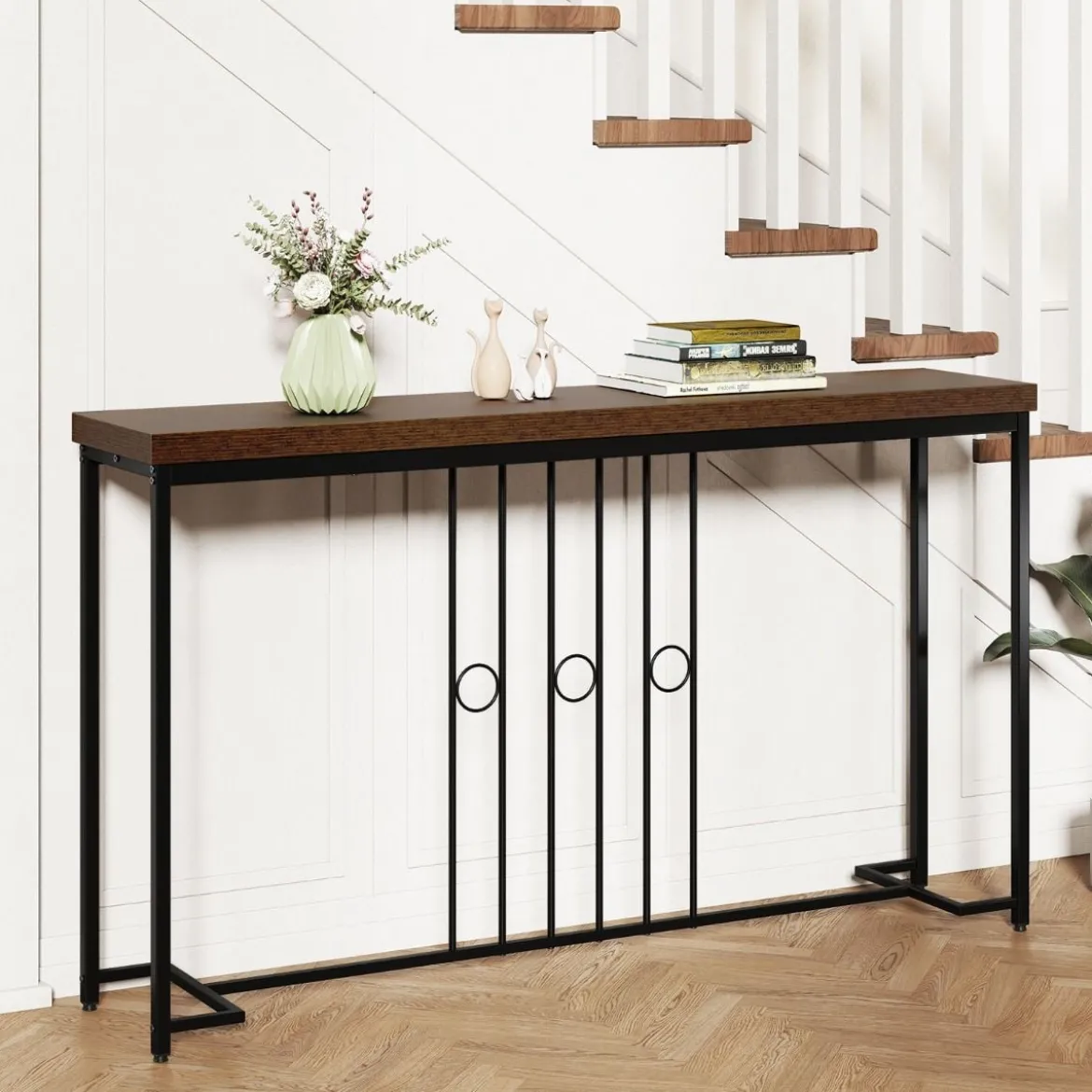Industrieller Konsolentisch 140 cm schmaler Eingangstisch mit H-förmiger Basis & geräumiger Tischplatte Braun