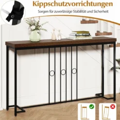Industrieller Konsolentisch 140 cm schmaler Eingangstisch mit H-förmiger Basis & geräumiger Tischplatte Braun