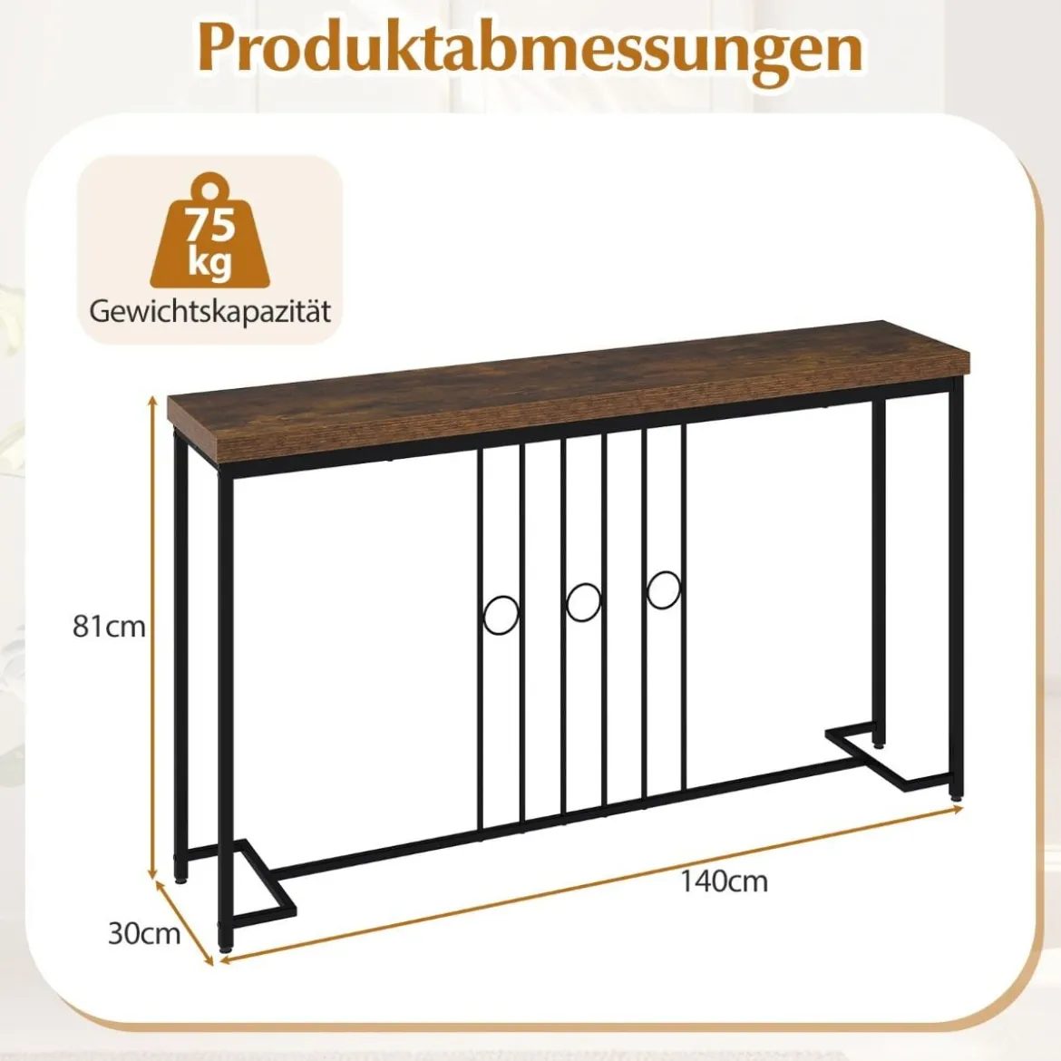 Industrieller Konsolentisch 140 cm schmaler Eingangstisch mit H-förmiger Basis & geräumiger Tischplatte Braun