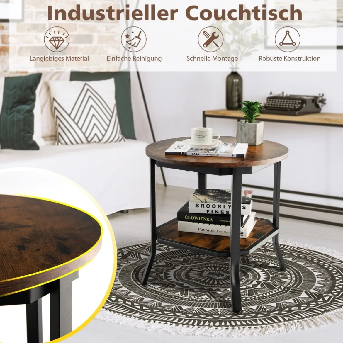 industrieller runder 2 stufiger Beistelltisch mit offenem Regal und Stahlbeinen 50 x 50 x 49,5 cm Braun