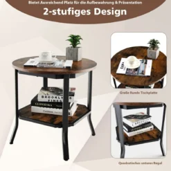 industrieller runder 2 stufiger Beistelltisch mit offenem Regal und Stahlbeinen 50 x 50 x 49,5 cm Braun