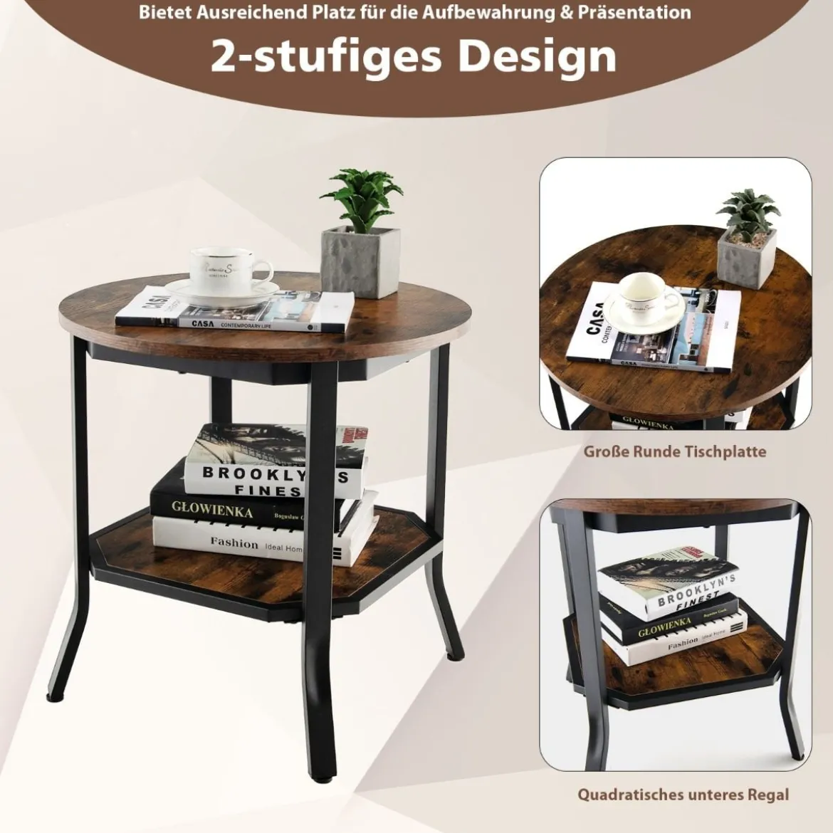 industrieller runder 2 stufiger Beistelltisch mit offenem Regal und Stahlbeinen 50 x 50 x 49,5 cm Braun