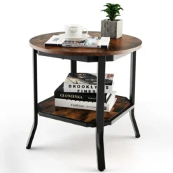 industrieller runder 2 stufiger Beistelltisch mit offenem Regal und Stahlbeinen 50 x 50 x 49,5 cm Braun