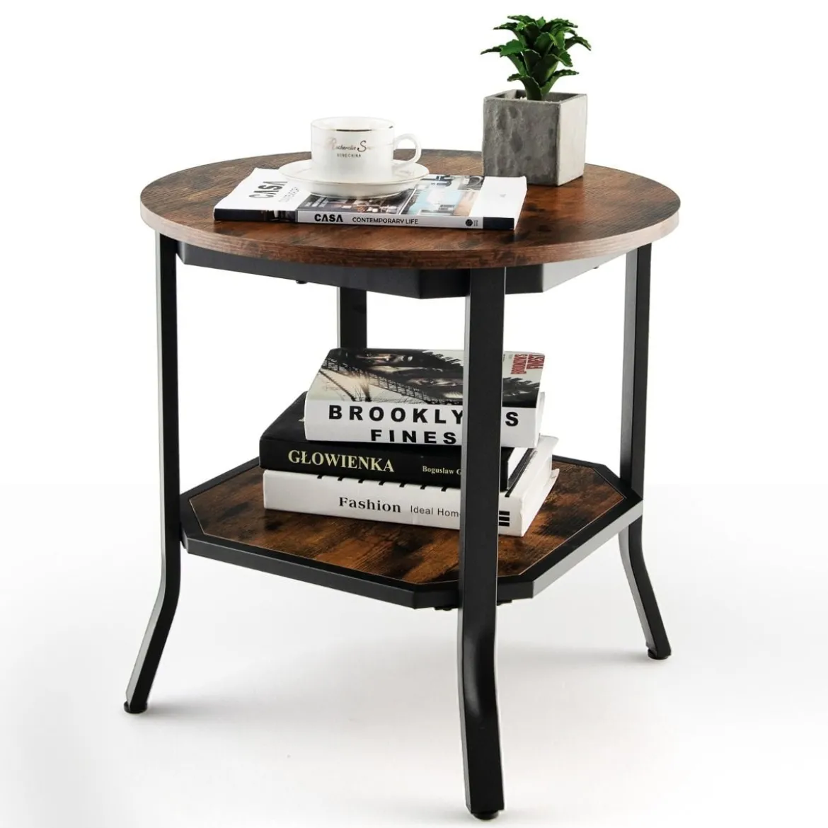 industrieller runder 2 stufiger Beistelltisch mit offenem Regal und Stahlbeinen 50 x 50 x 49,5 cm Braun