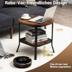 industrieller runder 2 stufiger Beistelltisch mit offenem Regal und Stahlbeinen 50 x 50 x 49,5 cm Braun