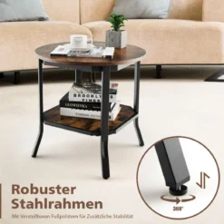 industrieller runder 2 stufiger Beistelltisch mit offenem Regal und Stahlbeinen 50 x 50 x 49,5 cm Braun