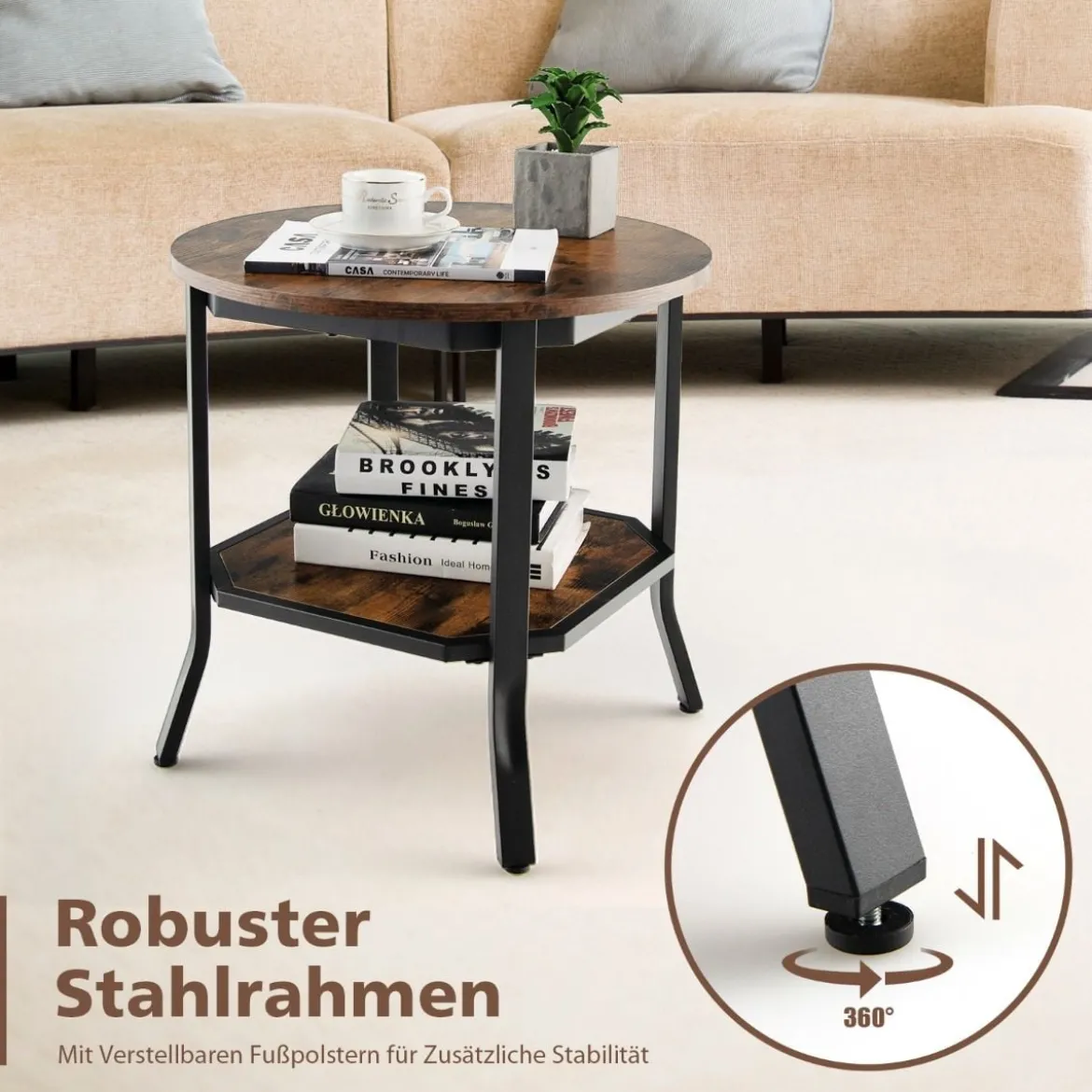 industrieller runder 2 stufiger Beistelltisch mit offenem Regal und Stahlbeinen 50 x 50 x 49,5 cm Braun